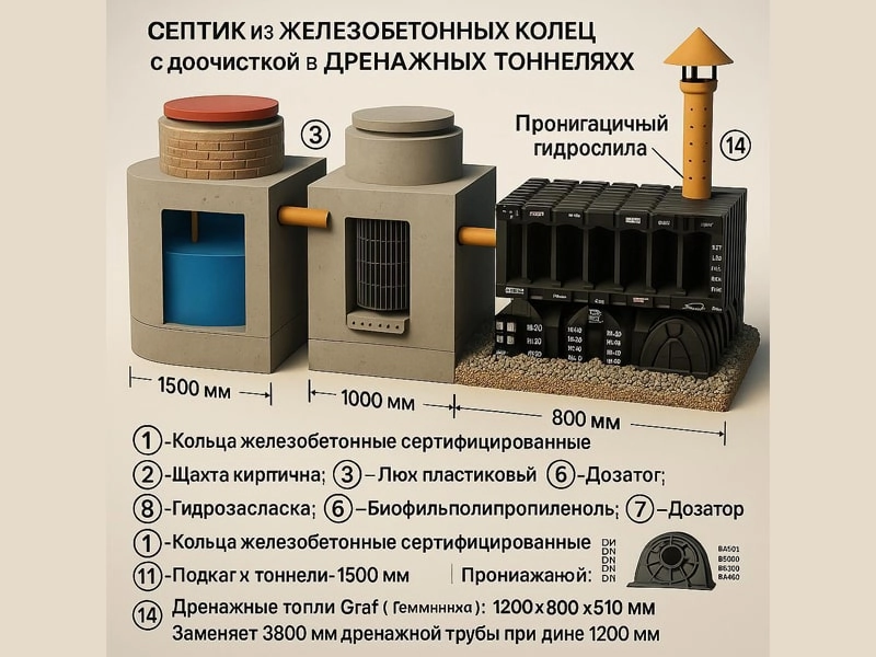 Септик із бетонних кілець з очискою до 85% для піщаних ґрунтів